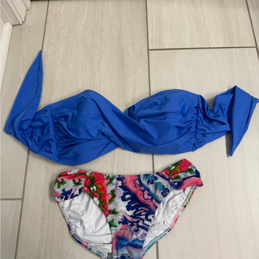 Blue and Pink Bikini Set with Artistic Design by Tara Grinna